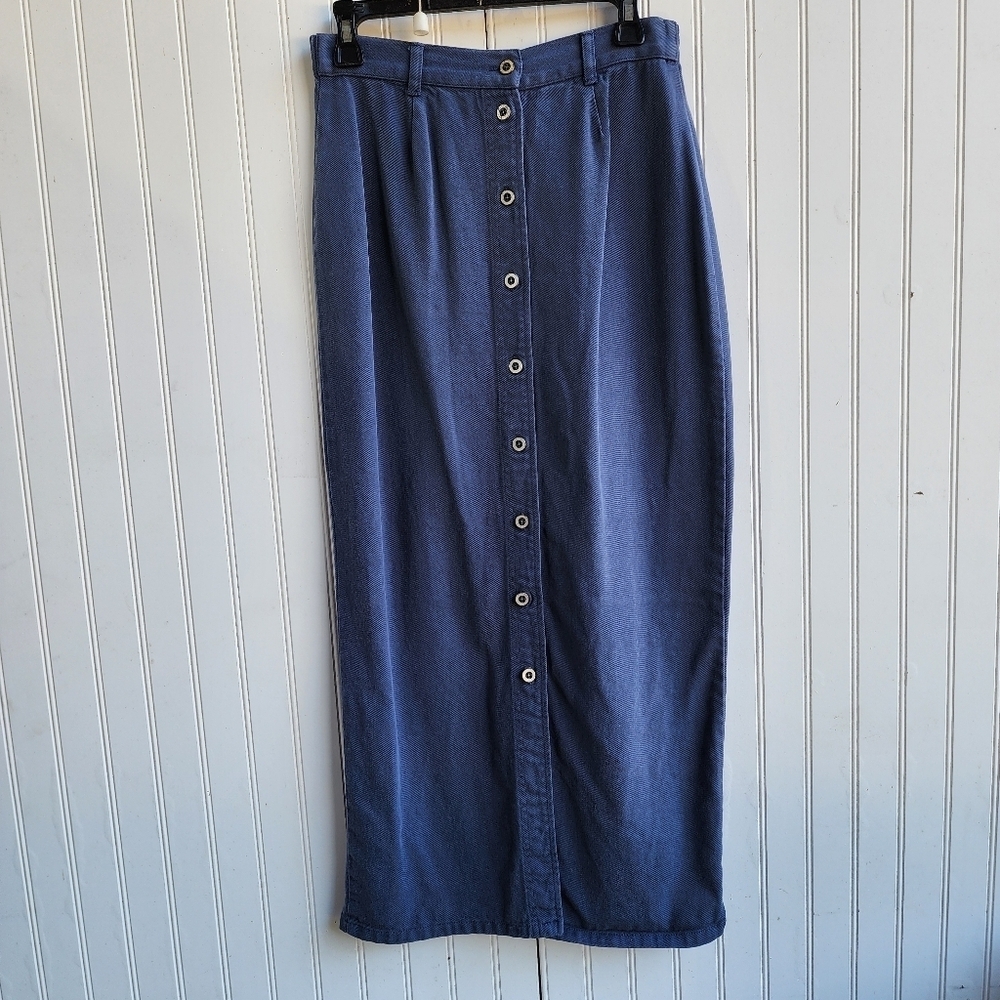 VTG ACTION WEAR Women’s Denim Long Maxi Skirt Elastic Waist Blue Button Front S